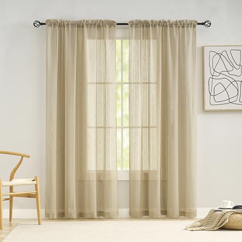 Demetex Short Curtains Beige Semi Sheer Kitchen Lace Window Curtain Panels Stripe, Set of 2, 54 x 45 Inch, Linen - color: Striped Linen, size: 54"W x 45"L (Pack of 2)