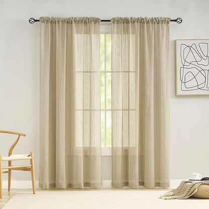 Demetex Short Curtains Beige Semi Sheer Kitchen Lace Window Curtain Panels Stripe, Set of 2, 54 x 45 Inch, Linen - color: Striped Linen, size: 54"W x 45"L (Pack of 2)