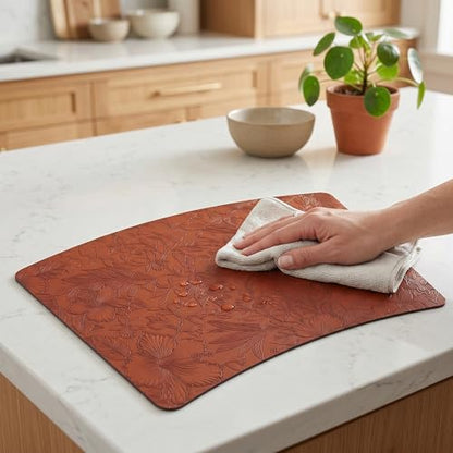 Faux Leather Set of 6, Placemats with Carving Floral Design - color: Brown