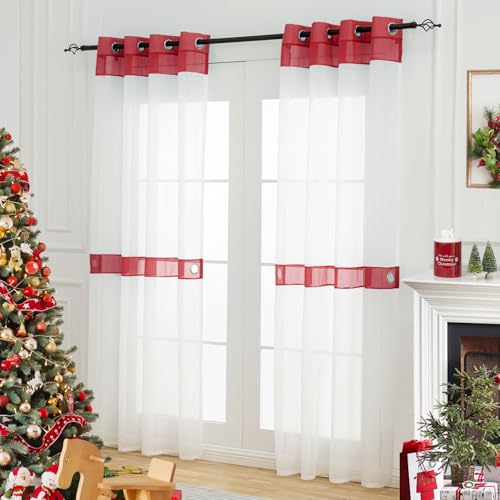 L.Z.E Red and White Sheer Curtains 84 Inches Long 2 Panels Set, Transparent Voile Window Drapes for Living Room & Dining Room with Classic Design, Elegant Grommet Curtain with Tieback - color: Red, size: 56"W x 84"L (Pack of 2)