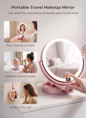 Lighted Travel Makeup Mirror,1X/10X Magnification,3 Light Modes, Rose Gold - color: Gold