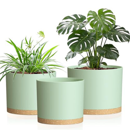10/9/8 Inch Plant Pots 3 Pack, with Drainage Hole & Saucers - color: Matte Green&brown