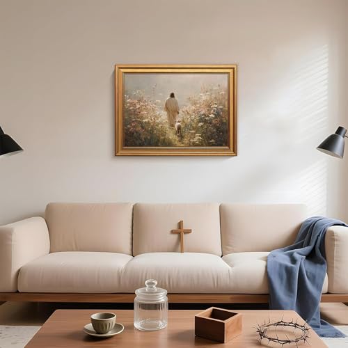 Gold Framed Jesus Wall Art Jesus Leaves The 99 Sheep Pictures 16x24 Inch - color: Jesus, size: 24"L x 16"W