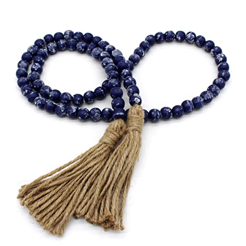 CVHOMEDECO. Wood Beads Garland with Tassels Farmhouse Rustic Wooden Prayer Bead String Wall Hanging Accent for Home Festival Decor. Navy Blue Stained - color: Dark Blue Stained