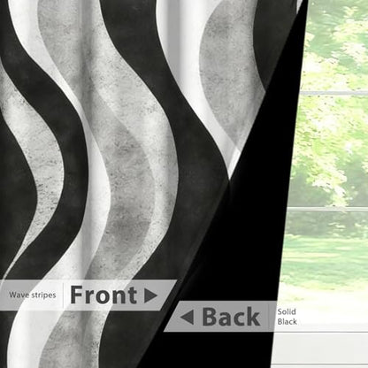Modern Blackout Curtains 63 Inch Length 2 Panel Set,Black White Gray Wave Striped Abstract Curtains for Bedroom Living Room,Room Darkening Window Drapes with Grommet - color: 02 Black, size: 52"W x 63"L (Pack of 2)