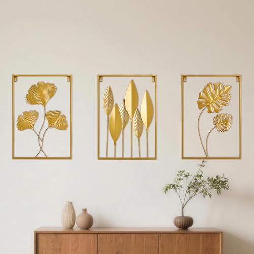 Metal Wall Art 3D Minimalist Tree Leaf Wall Sculpture Decor, Gold Framed Wall Art for Living Room Bedroom Dining Room Office - Housewarming Gifts (Gold, 3 Pack) - color: Gold