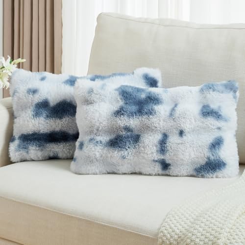 FUTEI Pack of 2 Faux Fur Throw Pillow Covers 12x20 Inch, Blue White - color: Blue White, size: 20" x 12" (Pack of 2)