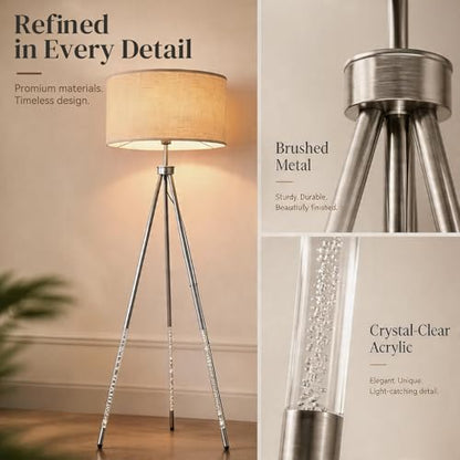 JOOFO Modern Metal Tripod Floor Lamp with Remote, 16.5" Linen Shade - color: Brushed Nickel