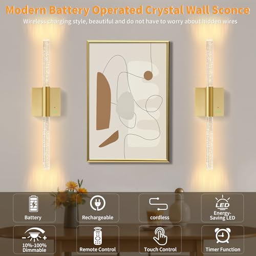 28” Wall Sconces Set of 2, Rechargeable Battery Powered Wall Light - color: Gold
