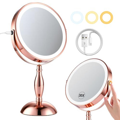 30X Makeup Mirror with Lights and Magnification-Rose Gold 8" Double Sided - color: Rose Gold