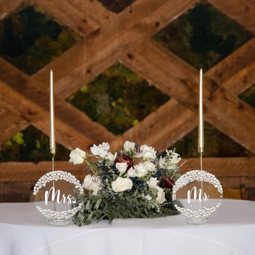 Jingmore 2 Pcs Mr and Mrs Table Sign 6 Inch Pearl Acrylic Decor for Wedding