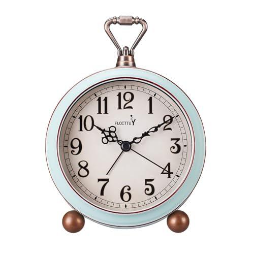 FLOITTUY 4.5" Battery Operated Antique Retro Analog Metal Alarm Clock, Silent Bedside Desk Clock, Wall-Hanging Vintage Clock(Vintage Green) - color: Vintage Green