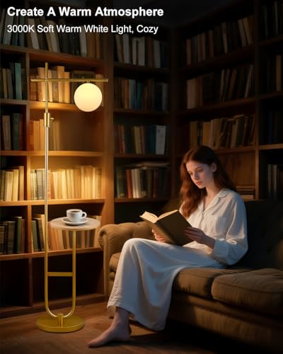66IN Gold Floor Lamp with Table, Modern Shelf Lamp for Living Room