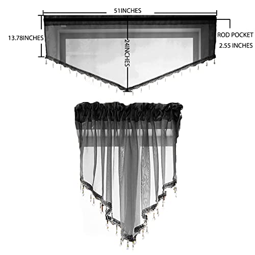 Beaded Sheer Valance Curtains for Living Room,Rod Pocket Farmhouse Window Valance, Bead Trim Tassel Voile Sheer Curtain Valance for Bedroom Bathroom Cafe 51x24 Inches (Black) 1PC - color: Black