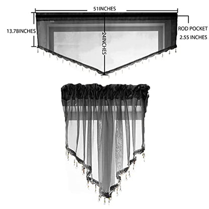 Beaded Sheer Valance Curtains for Living Room,Rod Pocket Farmhouse Window Valance, Bead Trim Tassel Voile Sheer Curtain Valance for Bedroom Bathroom Cafe 51x24 Inches (Black) 1PC - color: Black