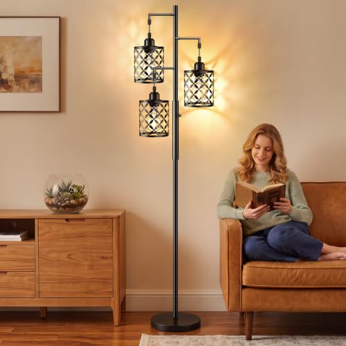 68" Industrial Tree Floor Lamp, Dimmable Farmhouse Tall Standing Lamp with Quatrefoil Cutout Shades & Rotary Dimmer Knob, Corner Light for Living Room Bedroom, 3 x800LM Bulbs Included-Black - color: Black (800LM), size: 68"