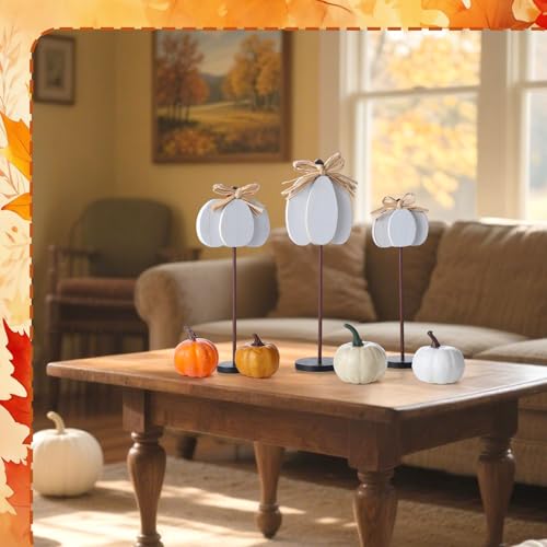 Thyle 3 Pcs Fall Pumpkin Decor, Wooden, White - color: White