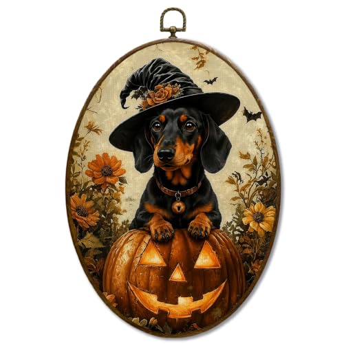 JQF Halloween Dachshund Witchy Pumpkin Oval Wall Decor Framed, 8.5x11.5 In - color: fall dog-1