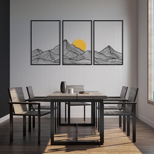 DecoSoul Mountain and Sun Metal Wall Art, Set of 3 Nature Minimalist Home Decor, Mountain Range Panels Modern Wall Art, Sunset Sunrise Framed for Living Room, Housewarming Gift - style: Mountain and Sun