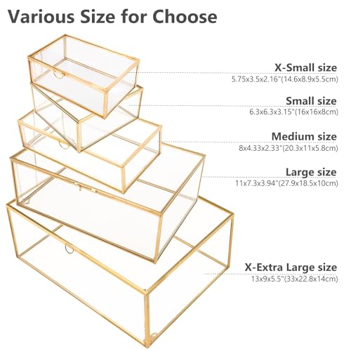 Glass Jewelry Display Box, Card Box with Hinged Lid, Gold Keepsake Box - color: Gold, size: Large