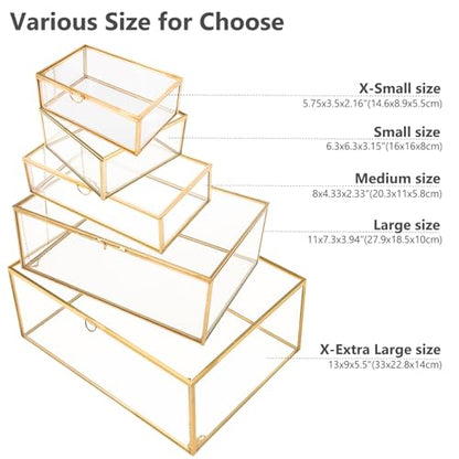 Glass Jewelry Display Box, Card Box with Hinged Lid, Gold Keepsake Box - color: Gold, size: Large