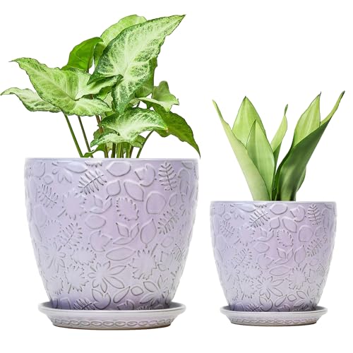 8 Inch + 6 Inch Retro Ceramic Planter Set of 2 with Drainage Hole and Saucer for Multiple Plants, Indoor-Outdoor Garden Pots for Succulent, Orchid, and Flower (Retro Purple) - color: Retro Purple, size: 8Inches+6Inches