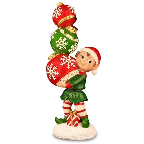 YUETJIN 12" Christmas Elf Figurine with Color-Changing Stacked Ornaments