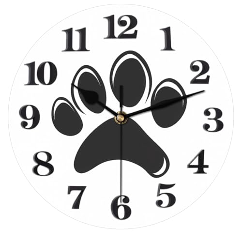 Cat Dog Paw Print Wall Clock Battery Operated 10 in Round Wall Clocks Slilent Non Ticking Quartz Analog Clock for Bedroom Kids Living Room Classroom Decor - color: Cat Dog Paw Print