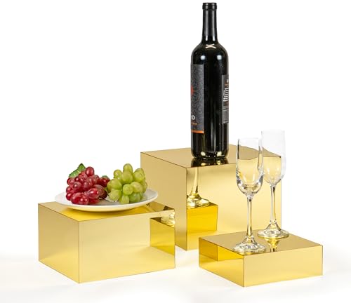 Red Co. Set of 3 Glossy Gold Acrylic Cube Display Nesting Risers with Hollow Bottoms - color: Gold, size: 6",7",8" - 1 Pack