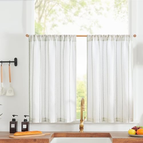 jinchan Linen Striped Tier Curtains for Kitchen Windows Cottage - color: Cottage Striped | Green, size: 26"W x 24"L (Pack of 2)