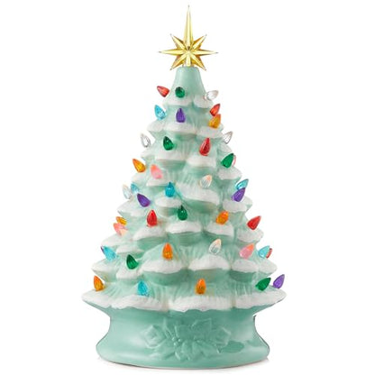 Casafield Hand Painted Ceramic Christmas Tree, Seafoam Green Snow Flocked 15-Inch Pre-Lit Tree with 128 Multi Color Lights and 2 Star Toppers - color: Seafoam Snow Flocked