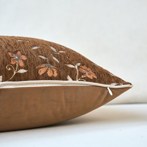 Brown Fall Floral Throw Pillow Cover 18x18 Inch Vintage Flower Pillow Cover Farmhouse Cushion Cover Neutral Outdoor Chenille Pillowcase Home Decor for Couch Sofa Bedroom Living Room - color: Brown, size: 18" x 18" (Pack of 1)