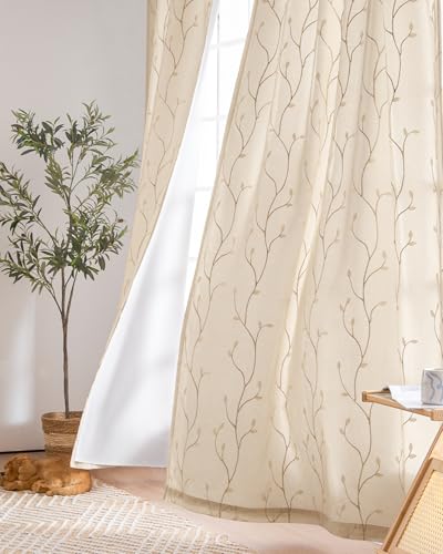jinchan Lined Curtains Botanical Embroidered Sheers for Bedroom 96 Inch Length Embroidery Voile Leaf Curtains for Living Room Light Filtering Privacy Window Treatments 2 Panels Beige - color: Vine Lined Beige, size: 55"W x 96"L (Pack of 2)