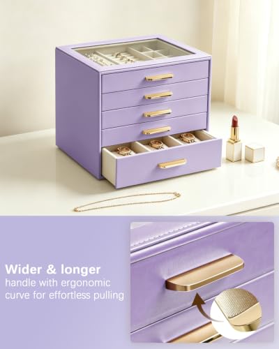 Homeanda Jewelry Boxes Organizer with Glass Lid, 5-Layer PU Leather, Purple - color: Lavender Purple, size: 5 Layer
