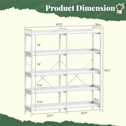 Huuger 5 Tier Bookshelf with 10 Open Shelves and Raised Baffle, White - color: White, size: 5 Tier