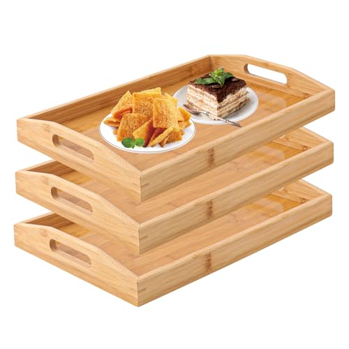 3 PCS Bamboo Serving Tray, Breakfast Bed Tray with Handle, 15 x 10 x 2 Inch Wood Serving Tray for Serving, Breakfast Bed Trays for Eating, Decor, Displaying Cake, Fruit - size: 3 PCS - 15 x 10 x 2 Inch