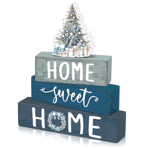 Cinnvoice 4 Pcs Blue Christmas Wooden Home Sweet Home Block Shelf Decor - style: Blue Christmas