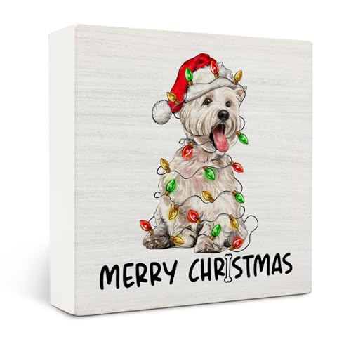 West Highland White Terrier Christmas Wooden Box Sign Desk Decor, Westie Dog Lover Gifts, Christmas Dog Wood Block Sign for Home Office Desk Table Shelf Wall Decorations, 5x5 Inch - color: West Highland