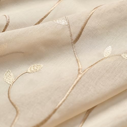 jinchan Beige Leaf Voile Embroidered Curtains 96 Inch Grommet Top 2 Panels - color: Vine Grommet Beige, size: 55"W x 96"L (Pack of 2)