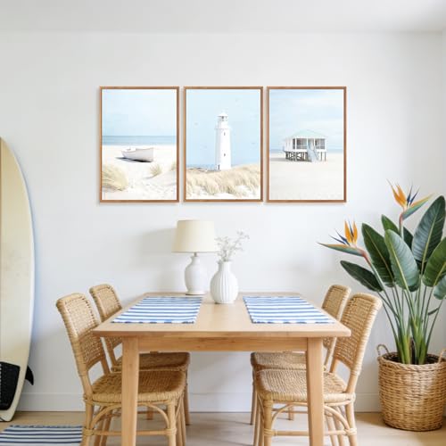 Aurlan 3 Pcs Blue Beach Coastal Framed Canvas Wall Art 16x24 Inch - color: Blue Coastal Beachy Seascape, size: 16"L x 24"W