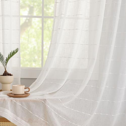 YJ YANJUN White Striped Sheer Curtains 63 inch Length, Boho Window Panels - color: White, size: 52"W x 63"L (Pack of 2)