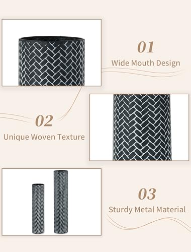 Sziqiqi Black Tall Floor Vase, Metal Floor Standing with Woven Texture - color: Black