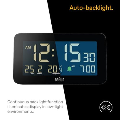 Braun Digital Alarm Clock with Date, Month and Temperature Displayed, Negative LCD Display, Quick Set, Crescendo Beep Alarm in Black, Model BC10B (1-Pack) - color: Black