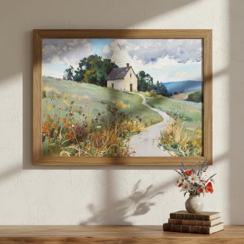 YBYBEST 12x16 Framed Vintage Farmhouse Wall Art - 3D Visual Textured Cottage Landscape Nature Print, Solid Real Wood Frame with Natural Grain, Rustic Decor for Bathroom, Bedroom & Gallery Wall, Ready to Hang - color: soft, natural tones, size: 16"L x 12"W