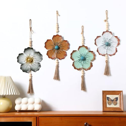 Tandefio 4 Pcs Metal Floral Tassels with Farmhouse Wood Beads, Retro - color: Retro