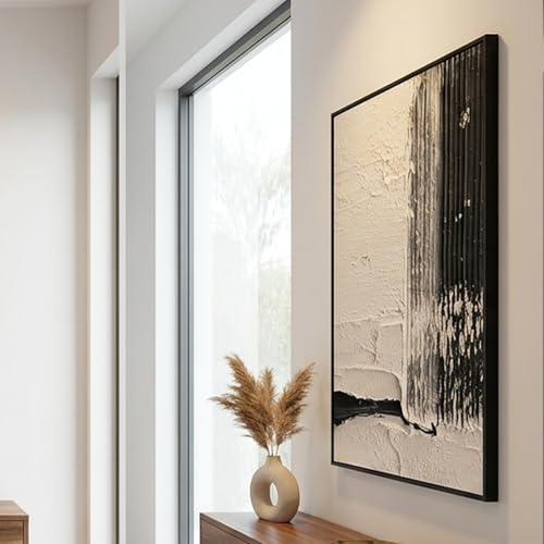 QKF Neutral Brush 3D Texture Black Aluminum Frame Canvas Wall Art - color: Black & Gray Abstract