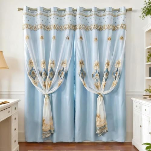 Amidoudou 1 Pair European Double Layer Curtains with Sheer Curtains for Living Room Bedroom Luxury Embroidered Blackout Curtains (Blue,52x96 Inch) - color: Blue, size: 52"W x 96"L (Pack of 2)