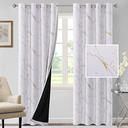 H.VERSAILTEX 100% Blackout Curtains 84 inch Length 2 Panels Set Marble Designs Printed Drapes Thermal Curtains for Bedroom with Black Liner Sound Proof Curtains, Gold - color: Marble- Gold, size: 52"W x 84"L (Pack of 2)