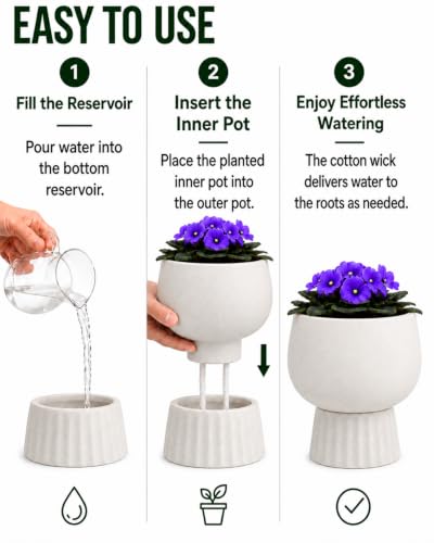 Self Watering Pots for Indoor Plants, 6 Inch Ceramic African Violet Pot - color: White 6″