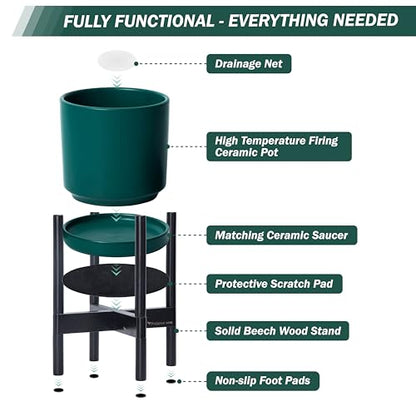 D'vine Dev Ceramic Pot with Ebony Wood Stand, Teal, 8 in, 55-B-M-4 - color: Teal Pot + Ebony Stand, size: 8 Inch